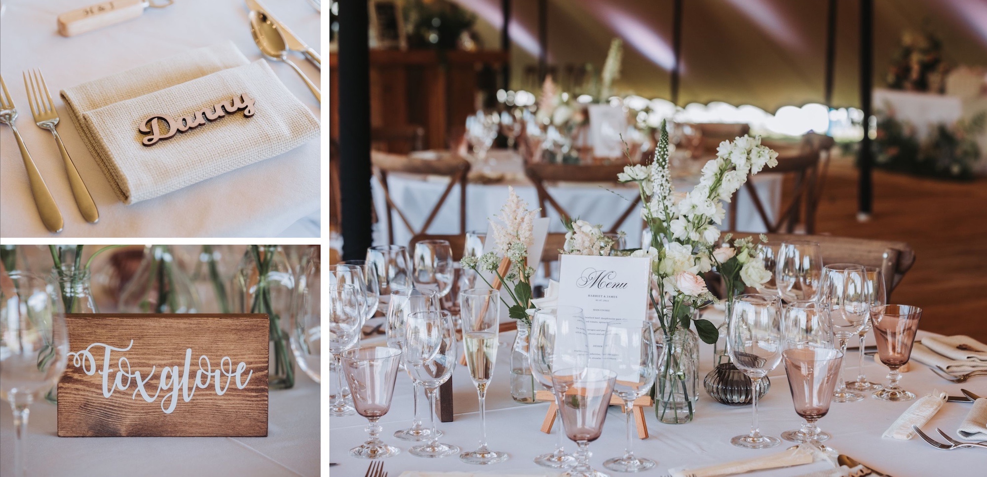 wedding details flowers and table setting marquee