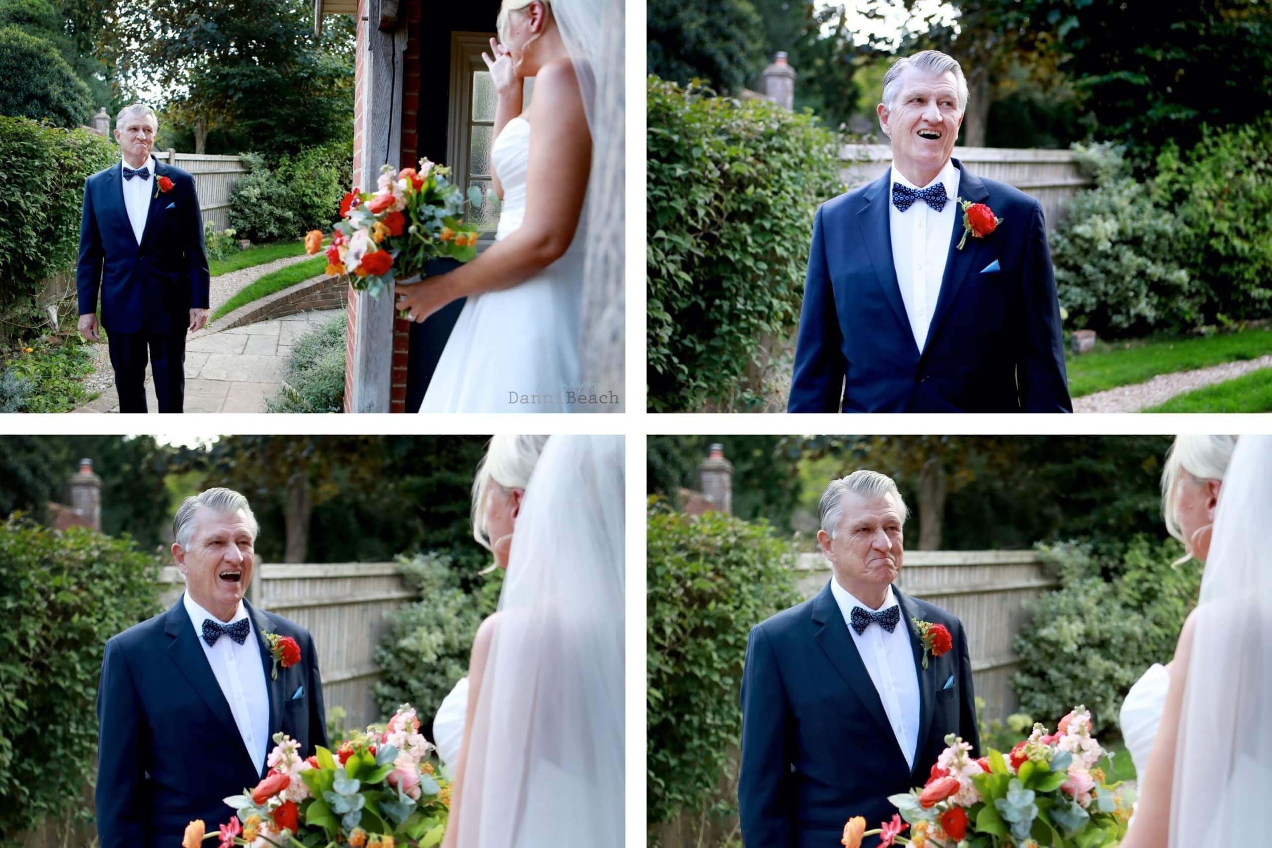 Father of the brides reaction to his daughter sussex wedding photographer